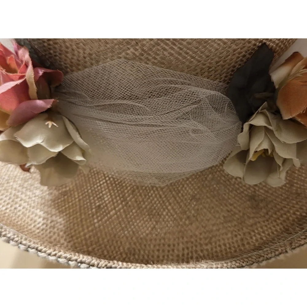 Deborah Rhodes Mocha Wide Brim Hat Sinamay Floral Derby Church Wedding 22.5